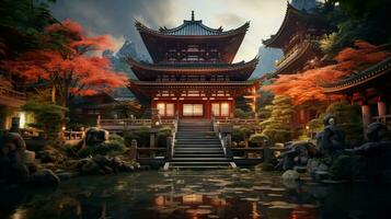 lugn skönhet av en japansk tempel ai genererad foto