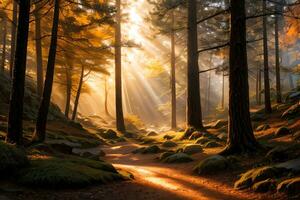 Foto av de höst berg skog, skog flod, mossiga stenar, Sol strålar tapet