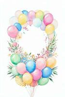 vattenfärg bröllop eller födelsedag hälsningar kort bakgrund med ballons och blommor foto