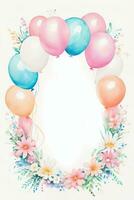 vattenfärg bröllop eller födelsedag hälsningar kort bakgrund med ballons och blommor foto