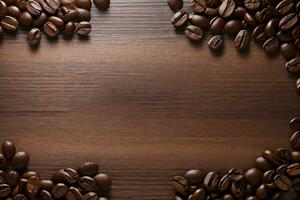 kaffe bönor på de trä- tabell baner mall foto