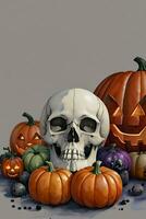 vattenfärg stil halloween bakgrund med skalle och pumpa foto