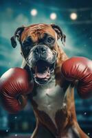 bulldogg hund boxare boxning ringa handskar Foto humaniserad djur- realistisk tänder verklig