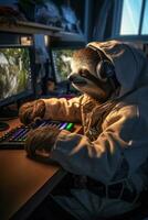 lättja gamer humaniserad spelar dator övervaka tangentbord luvtröja hörlurar realistisk cyber foto