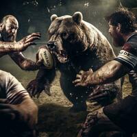grizzly Björn spelar rugby amerikan fotboll löpning med boll humaniserad realistisk fotografi foto