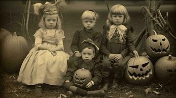 barn barn halloween skrämmande årgång fotografi masker 19:e århundrade Skräck kostymer fest foto