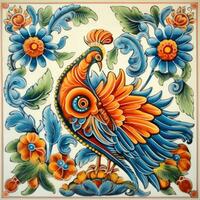 retro årgång utsmyckad prydnad bricka glaserad mosaik- mönster blommig blå fyrkant konst bok illustration foto