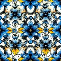 retro årgång utsmyckad prydnad bricka glaserad slavic ryska mosaik- mönster blommig blå fyrkant konst foto
