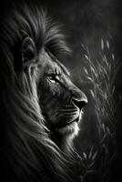 djungel lejon studio silhuett Foto svart vit årgång bakgrundsbelyst porträtt rörelse kontur tatuering