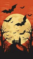 måne fladdermöss årgång retro bok vykort illustration 1950 skrämmande halloween kostym leende landskap foto