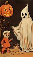 spöke anda årgång retro bok vykort illustration 1950 skrämmande halloween kostym leende foto