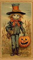 scarecrow spöke årgång retro bok vykort illustration 1950 skrämmande halloween kostym häxa foto