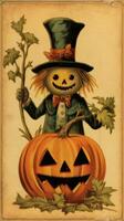 scarecrow spöke årgång retro bok vykort illustration 1950 skrämmande halloween kostym häxa foto