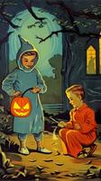 årgång retro barn bok vykort illustration 1950 skrämmande halloween kostym leende häxa foto