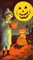 årgång retro barn bok vykort illustration 1950 skrämmande halloween kostym leende häxa foto