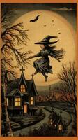 kvinna kvinna häxa årgång retro bok vykort illustration 1950 skrämmande halloween kostym leende foto
