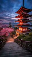 japan zen landskap panorama se fotografi sakura blommor pagod fred tystnad torn vägg foto