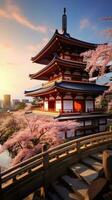 japan zen landskap panorama se fotografi sakura blommor pagod fred tystnad torn vägg foto