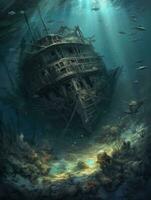 under vattnet fartyg förstörd mörk fantasi illustration konst skrämmande detaljerad affisch målning apokalyps foto