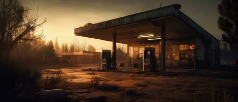 övergiven gas station posta apokalyps landskap spel tapet Foto konst illustration rost