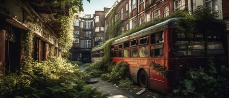 röd buss dubbel- däck London posta apokalyps landskap spel tapet Foto konst illustration rost