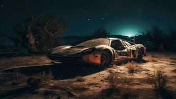 retro super bil förstörd posta apokalyps landskap spel tapet Foto konst illustration rost