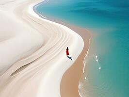 kvinna strand sand paradis hav hav tillbaka Drönare topp se vågor tystnad lugn zen lugn foto