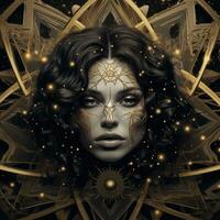 kvinna ansikte mystisk kosmos kompass planet tarot kort konstellation navigering zodiaken illustration foto