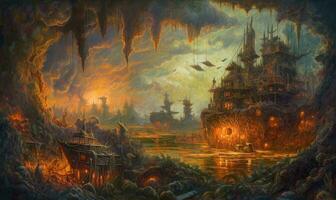 mörk fantasi framtida spökpunk landskap stad mystiker affisch utomjording steampunk tapet fantastisk foto