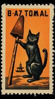 svart katt hatt söt porto stämpel retro årgång 1930 halloweens pumpa illustration skanna affisch foto