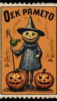 scarecrow söt porto stämpel retro årgång 1930 halloweens pumpa illustration skanna affisch foto