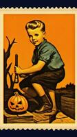 barn barn söt porto stämpel retro årgång 1930 halloweens pumpa illustration skanna affisch foto