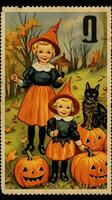 barn barn söt porto stämpel retro årgång 1930 halloweens pumpa illustration skanna affisch foto