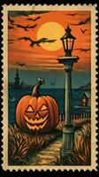 söt porto stämpel retro årgång 1930 halloweens pumpa måla illustration skanna affisch foto