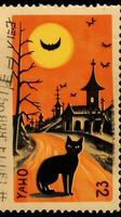 svart katt hatt söt porto stämpel retro årgång 1930 halloweens pumpa illustration skanna affisch foto