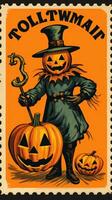 scarecrow söt porto stämpel retro årgång 1930 halloweens pumpa illustration skanna affisch foto