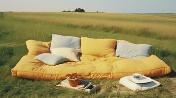 säng i de fält avslappning kudde täcke blommor plats dröm mjuk omslag Foto sovrum luft zen