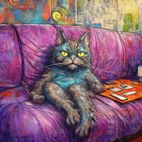 galen katt pott rasande galen porträtt uttrycksfull illustration konstverk olja målad skiss tatuering foto