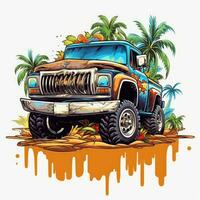 lastbil jeep färgrik tropisk stänk tshirt design tatuering klistermärke ClipArt Vinka miami parasid foto