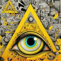 overkligt abstrakt öga triangel pyramid magi murare tatuering gul illustration konstverk affisch foto
