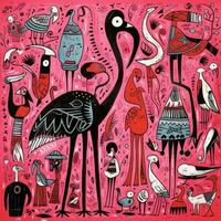 flamingo uttrycksfull barn djur- illustration målning klippbok hand dragen konstverk söt tecknad serie foto