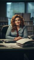 kvinna caucasian plus storlek Lycklig kurvig chef modern kontor framgångsrik jobb företag Foto