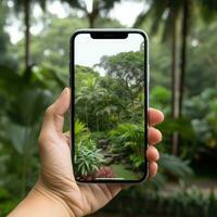 hand innehav smartphone attrapp mall mobil telefon vertikal enhet telefon skärm Ansökan foto