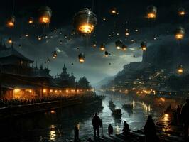 natt stad trogen gata landskap stad mystiker affisch utomjording steampunk tapet fantastisk foto