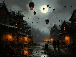 natt stad trogen gata landskap stad mystiker affisch utomjording steampunk tapet fantastisk foto