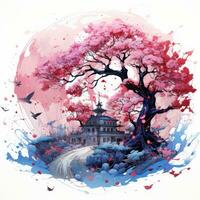 sakura träd körsbär lekfull illustration skiss collage uttrycksfull konstverk ClipArt målning foto