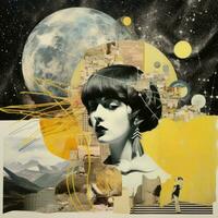 kvinna porträtt abstrakt collage klippbok gul retro årgång surrealistic illustration foto