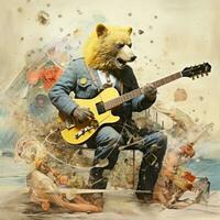 Björn gitarr bas abstrakt collage klippbok gul retro årgång surrealistic illustration foto