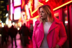 plus storlek modern kvinna gungande modern mot de vibrerande neon gator ai generativ foto