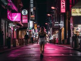 kvinna gående självsäkert genom de vibrerande neon belyst gator ai generativ foto
